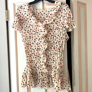 5For$15 Short sleeve White blouse with red gray & black polkadots ruffled